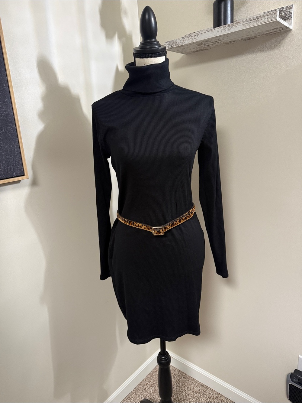 wild fable Black Long-Sleeve Turtleneck Dress with Leopard Belt